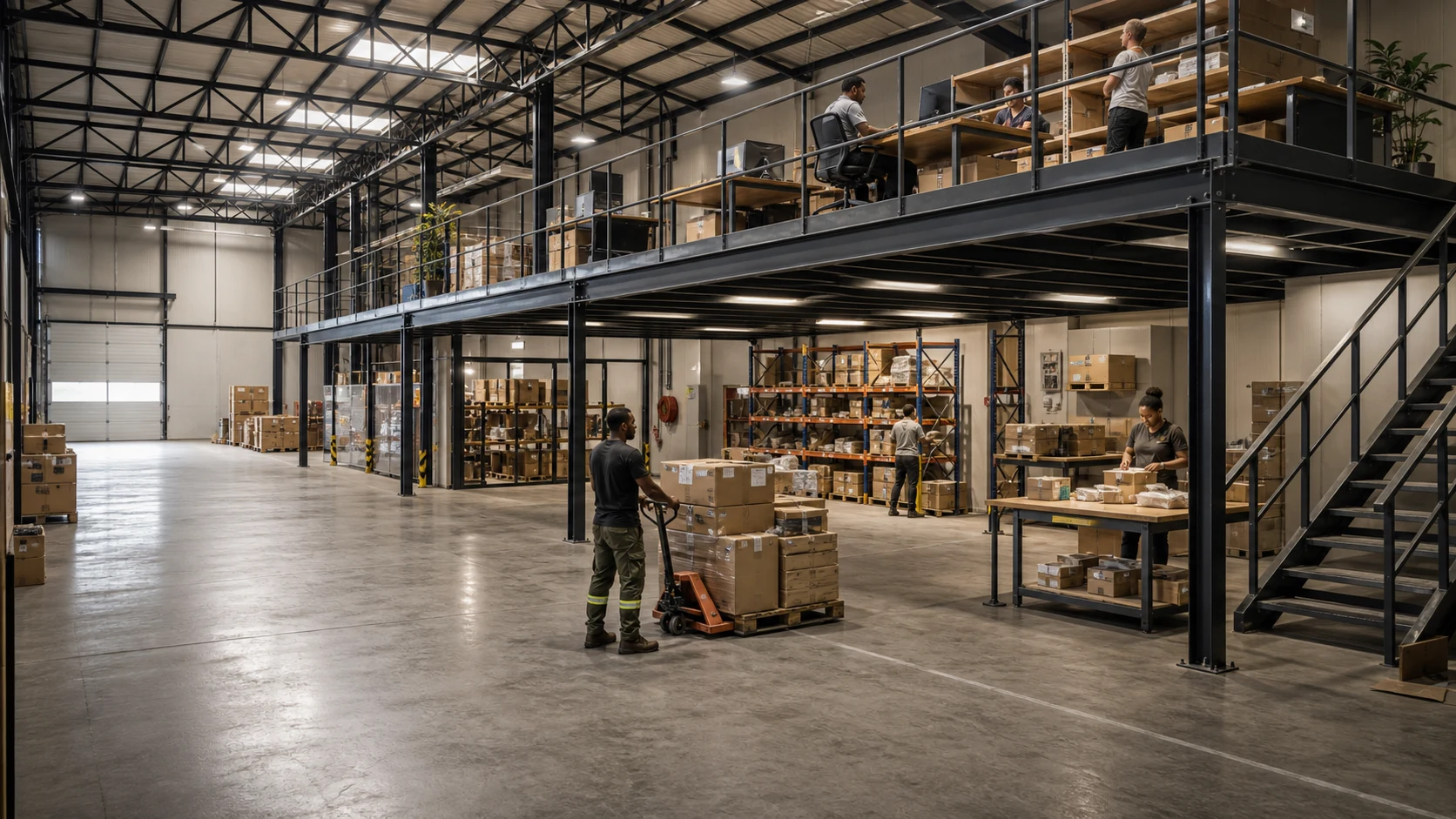 Warehouse team working across two productive mezzanine levels